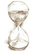 A drawing of an hourglass with sand coming out it.