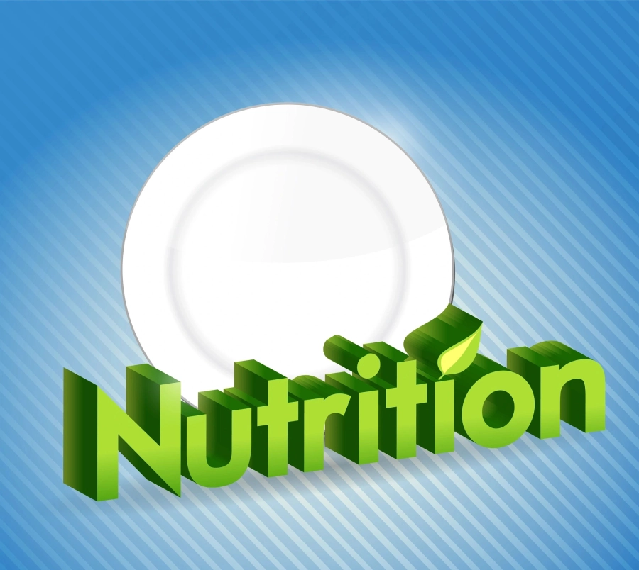 A 3 d image of the word nutrition with a plate on top.