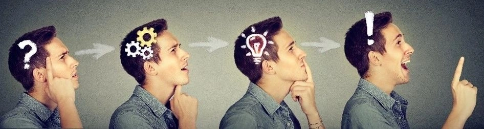 A man with an idea on his head and woman with her hand to the chin.