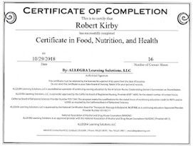 A certificate of completion for a food, nutrition and health course.