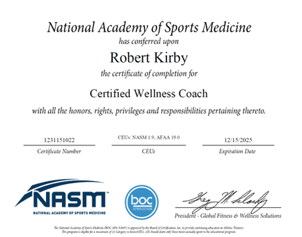 A certificate of completion for certified wellness coach