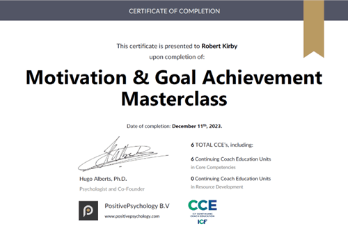 A certificate of completion for motivation and goal achievement masterclass.